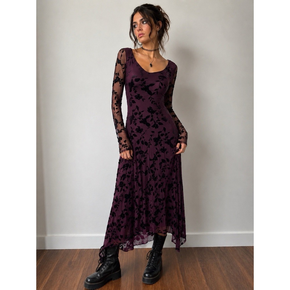 Velvet Burnout Floral Midi Dress Dark Coquette Fairy Grunge Asymmetric Tiered M